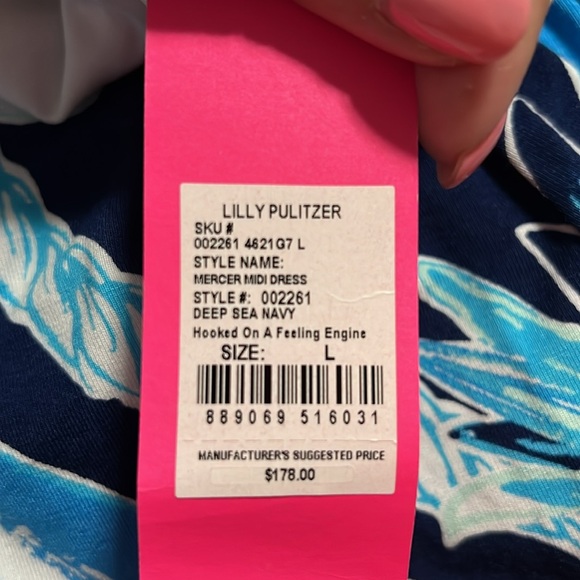 NWT L Lilly Pulitzer Mercer Midi Dress Deep Sea Navy- Hooked on a Feeling Engine - Picture 4 of 4